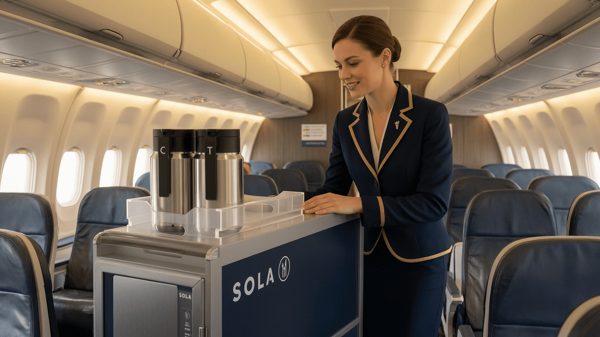 Cabinepersoneel met een Sola-trolley aan boord van een vliegtuig