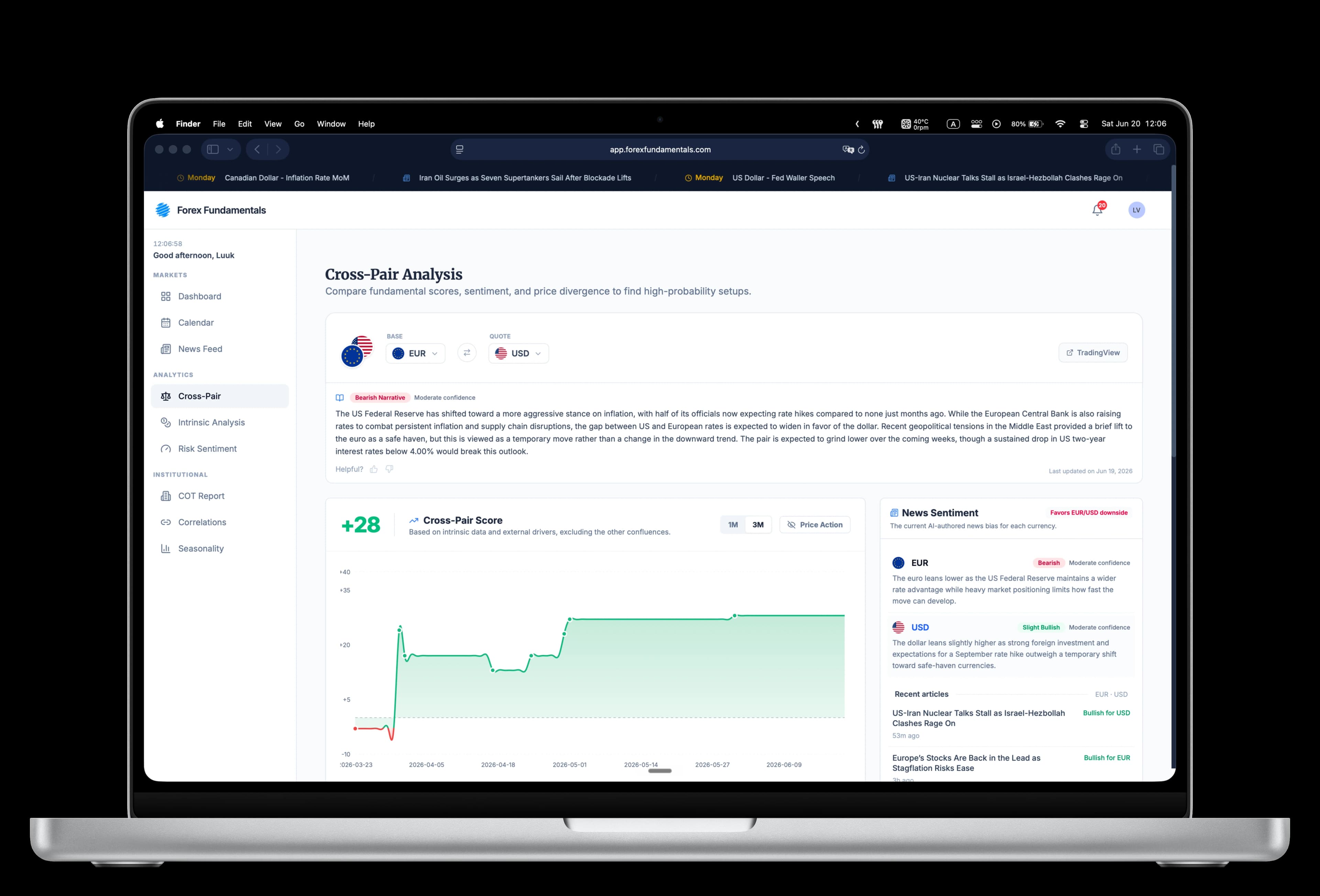 Het FMA Data Solutions-platform op een MacBook: cross-pair analyse met fundamentele scores.